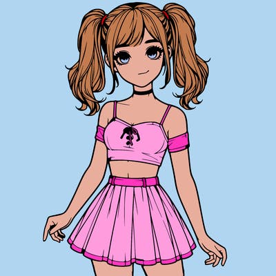 realistic girl in a skirt crop top and pigtails