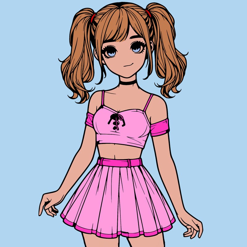 realistic girl in a skirt crop top and pigtails