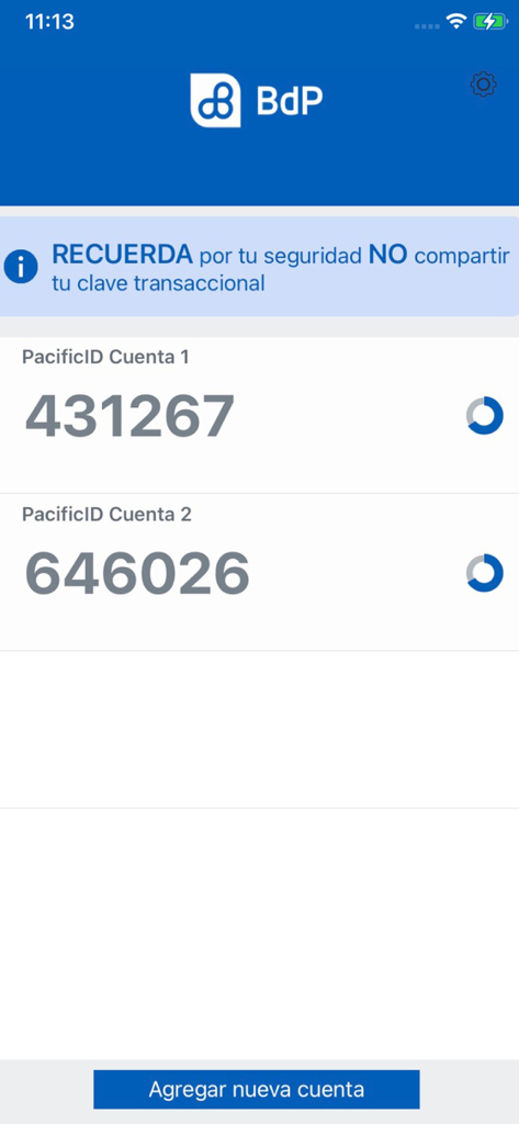 PacificID mobile app interface showing one-time password security codes for multiple bank accounts