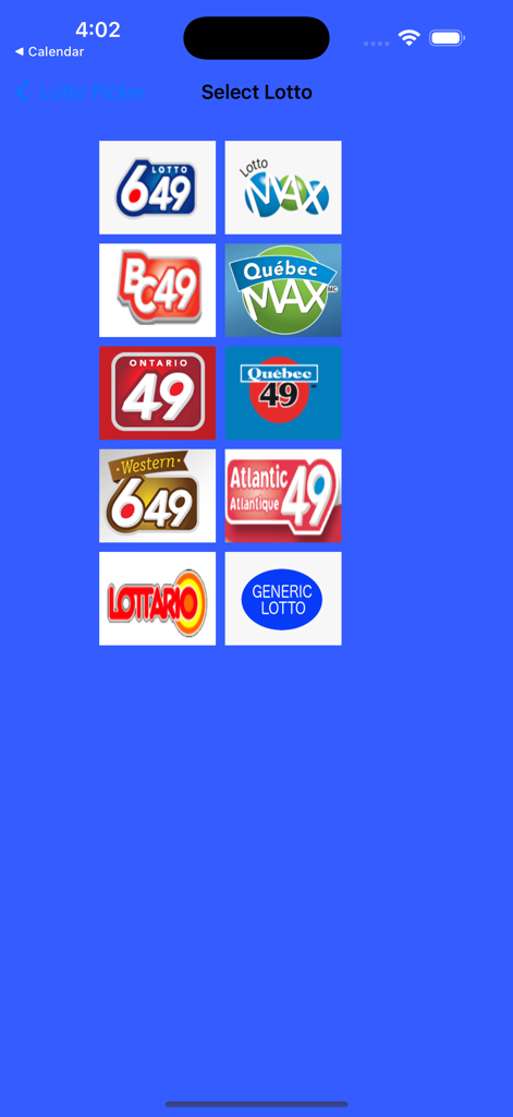 LottoPicker 앱 인터페이스로 로또 6/49 및 로또 맥스와 같은 캐나다 복권 게임 선택을 보여줍니다.