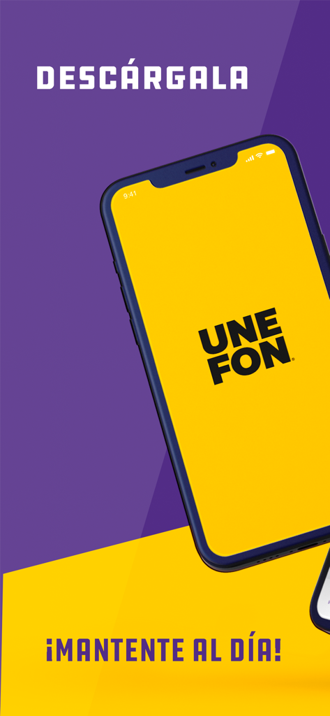 Mi Unefon - Smartphone que muestra el logotipo de Unefon en una pantalla amarilla con texto en español que invita a los usuarios a descargar y mantenerse al día