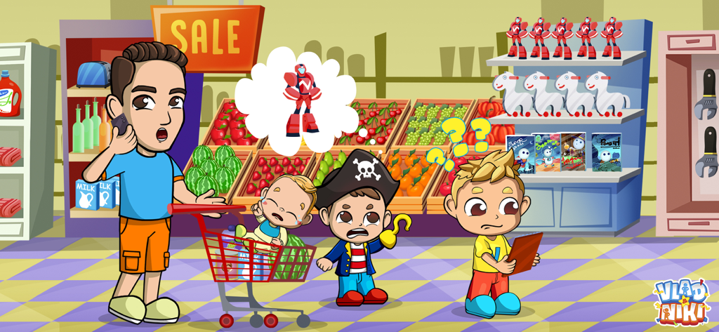Vlad und Niki Charaktere in einem bunten Supermarktgang mit Spielzeug und Lebensmitteln