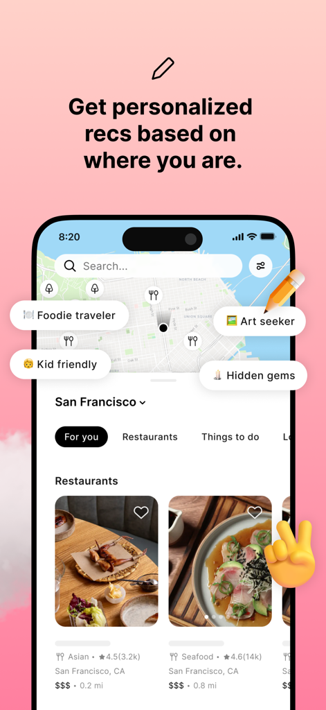 Mindtrip app interface showing personalized travel recommendations on a map of San Francisco with category tags like Foodie traveler and Hidden gems.