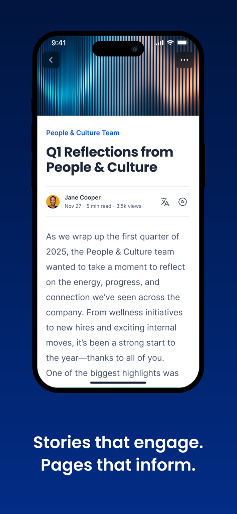 Appspace - Appspace mobile app interface showing a company news article titled Q1 Reflections from People and Culture by Jane Cooper.