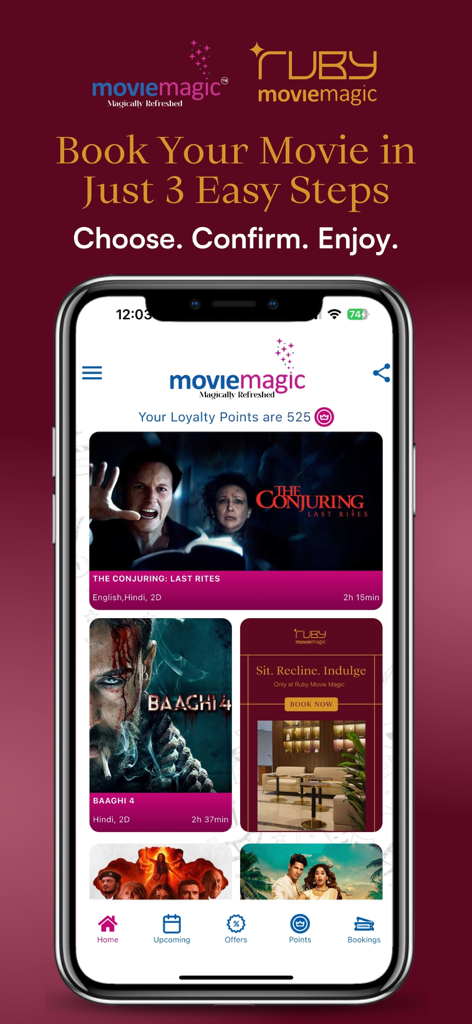 Movie Magic Multiplex - Interfaz de la aplicación móvil Movie Magic Multiplex mostrando listados de películas y opciones de reserva