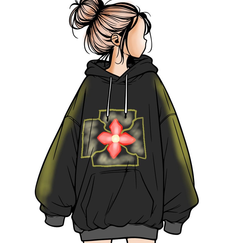 realistic girl with a oversized sweatshirt on and a bun
