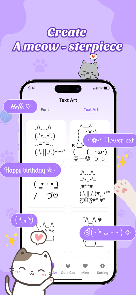 Cat Keyboard - Cute Kitty Skin - Un teléfono móvil mostrando una galería de arte de texto ASCII de gatos lindos en una interfaz morada pastel.