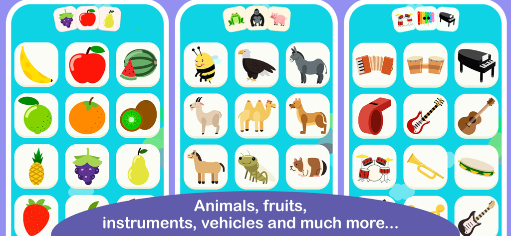 Écrans d'application éducative préscolaire montrant les catégories pour les animaux, les fruits et les instruments de musique