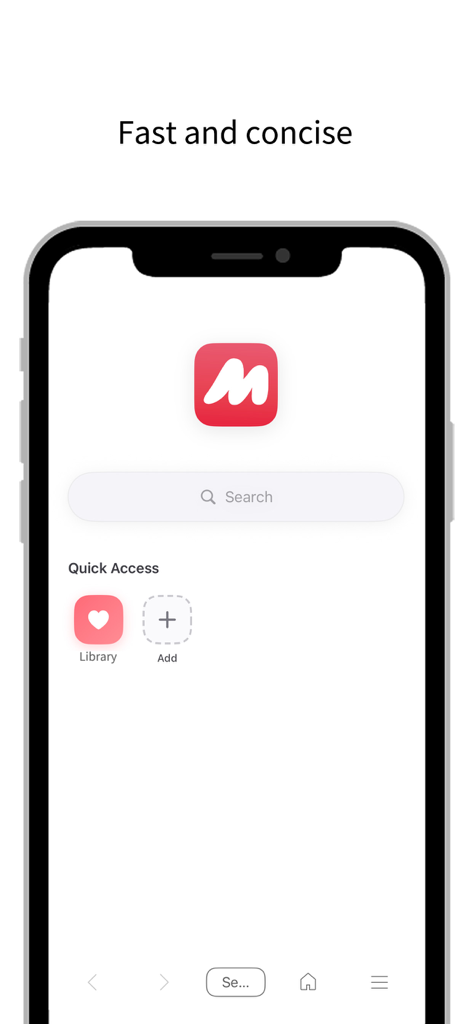 ReadSeek app home screen showing a minimalist search bar and quick access icons for library and adding links under the header Fast and concise.