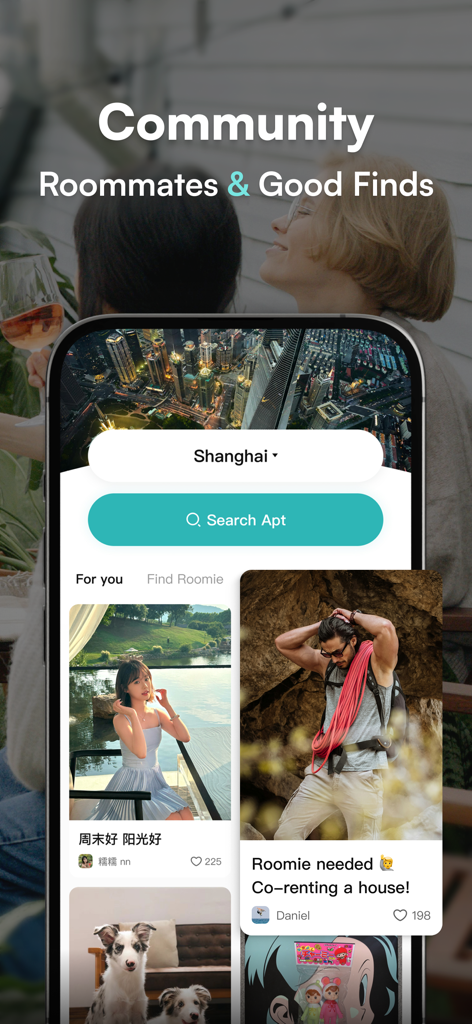 Wellcee App-Oberfläche, die Gemeinschaftsangebote für Mitbewohner und Wohnungssuche in Shanghai zeigt