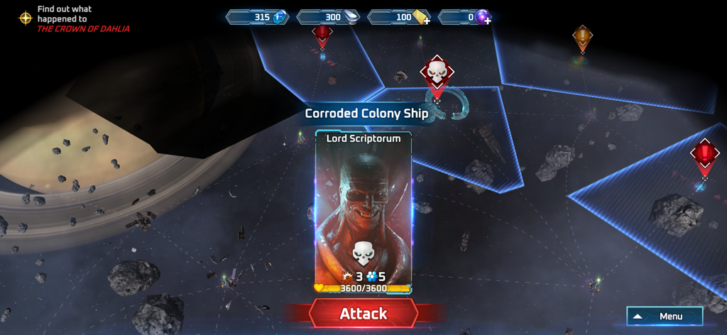 Sol Frontiers - Idle Strategy - Sol Frontiers gameplay interface showing a space map and an attack option for Lord Scriptorum.