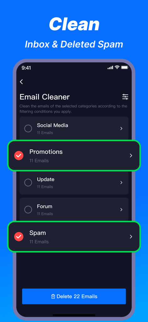 Cleaner Master Pro-Cleanup App - Interfaz de la aplicación Cleaner Master Pro que muestra categorías de limpieza de correo electrónico como promociones y spam seleccionadas para su eliminación