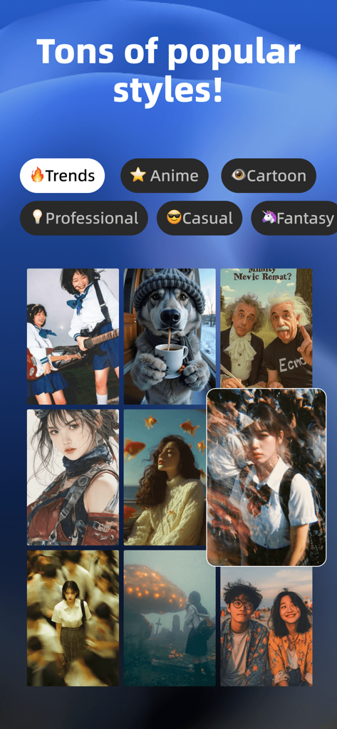 Dreamy - AI Video Generator - Screenshot der Dreamy-App, die beliebte KI-Stile wie Anime Cartoon und Fantasy mit einem Raster aus künstlerisch generierten Bildern anzeigt