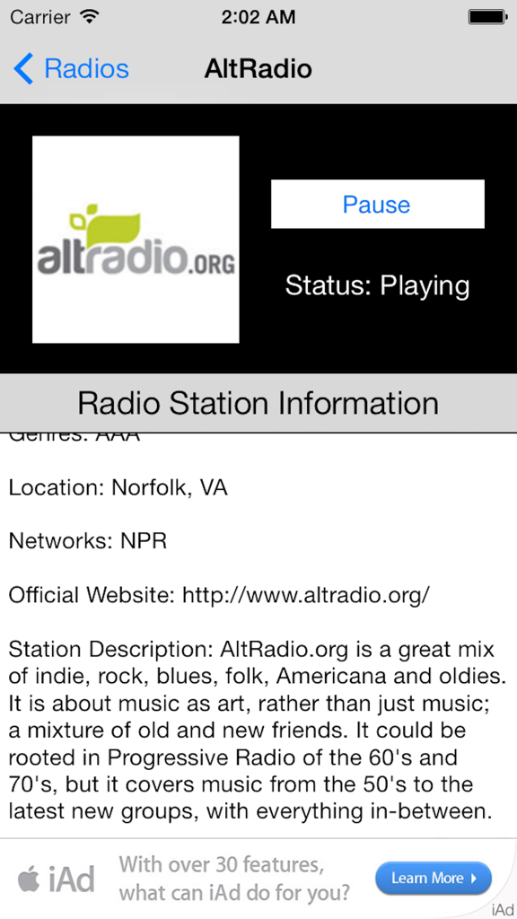 US Radio Live (United States of America USA) - Interface of US Radio Live app showing radio station information and playback status