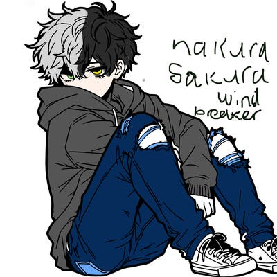 a male hoddie ripped jeans messy hair anime