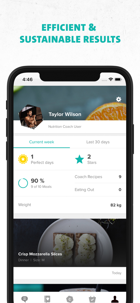 Une capture d'écran du profil utilisateur de l'application Freeletics Nutrition montrant les statistiques de progression hebdomadaire et une recette de repas sain