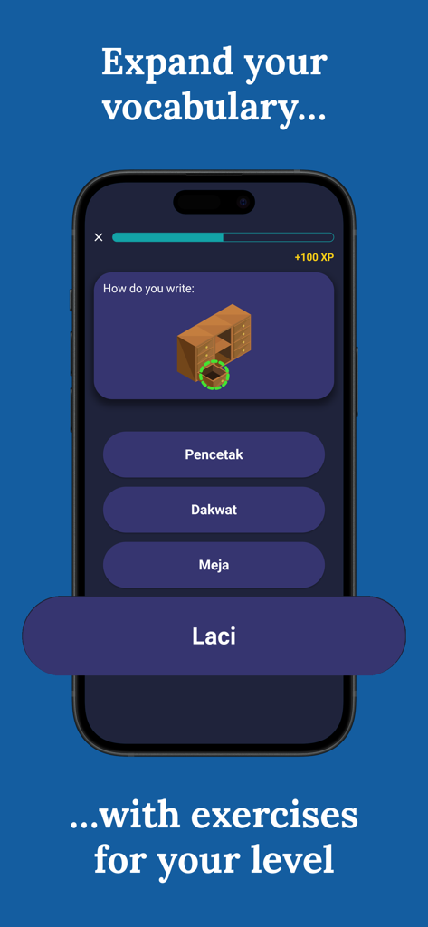 Learn Malay (Beginners) - Screenshot einer App zum Erlernen der malaysischen Sprache, der eine Vokabel-Quizfrage mit einem Bild einer Schublade und Multiple-Choice-Optionen zeigt