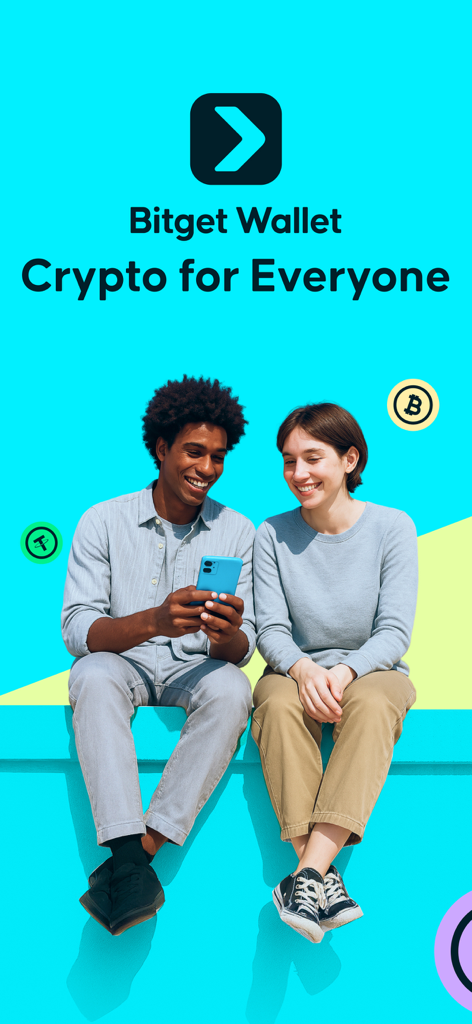 Bitget Wallet: Bitcoin, Crypto - Two young adults smiling while looking at a smartphone featuring the Bitget Wallet app slogan Crypto for Everyone