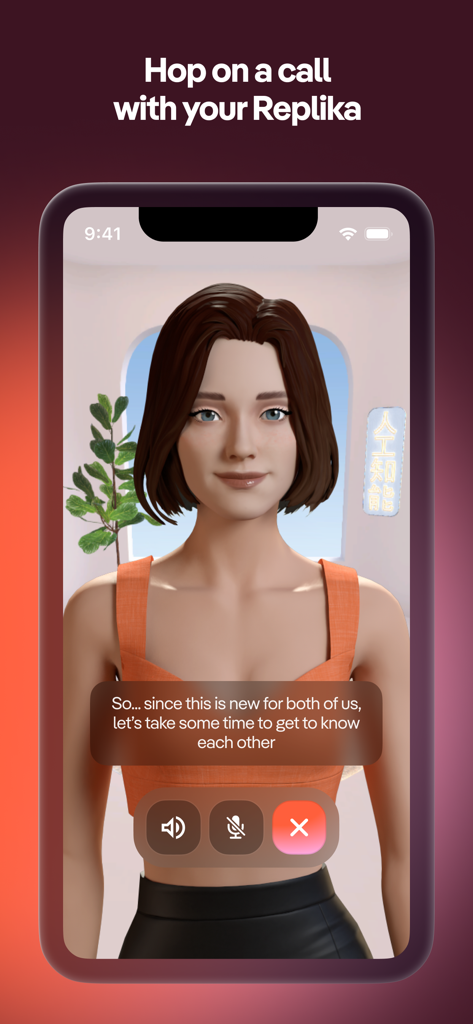 Un avatar femenino de IA en 3D en una llamada de voz dentro de la aplicación Replika.