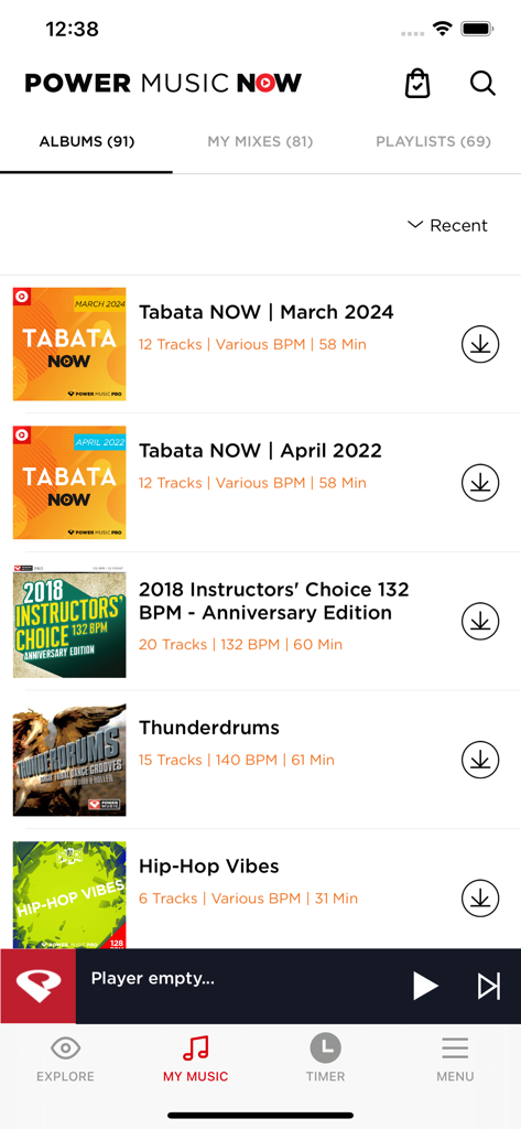 Power Music Now app interface displaying a list of fitness music albums with track counts and BPM information