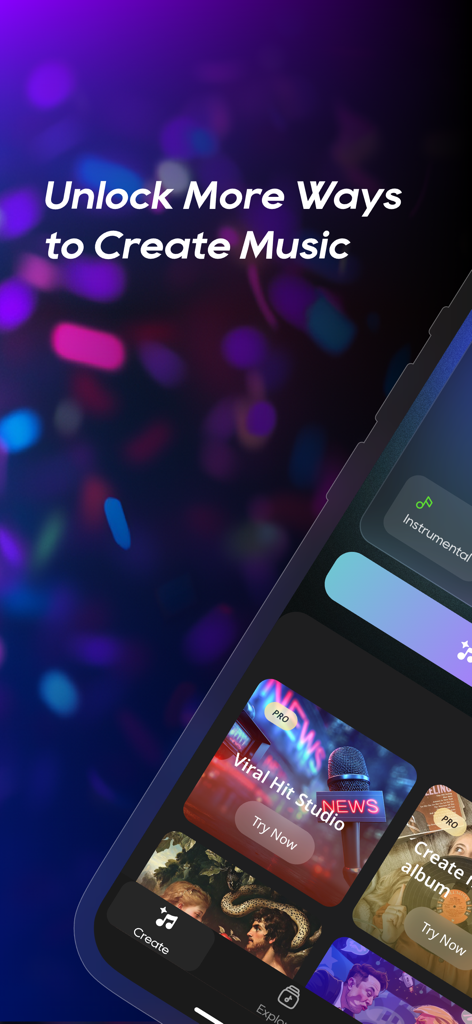 Interfaz de la aplicación Mureka AI Music Generator que muestra modos creativos y opciones de estudio para éxitos virales