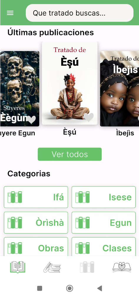 Tela inicial do aplicativo Tratados Ifa Orisha mostrando categorias de livros e as últimas publicações religiosas