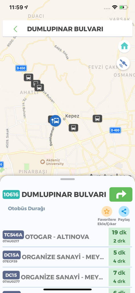 Antalyakart app interface showing real-time bus locations and arrival times on a map