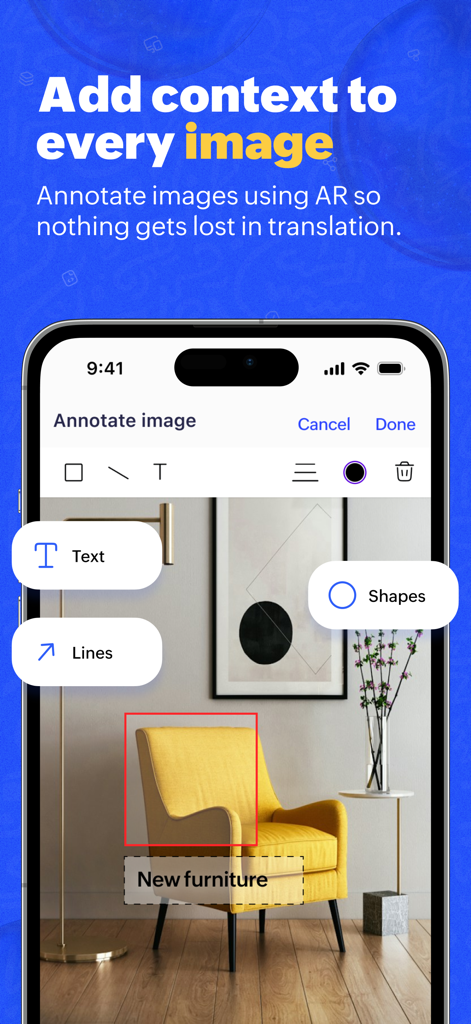 iPhone screen showing the image annotation feature with text and shapes in the Zoho Creator Customer Portal app