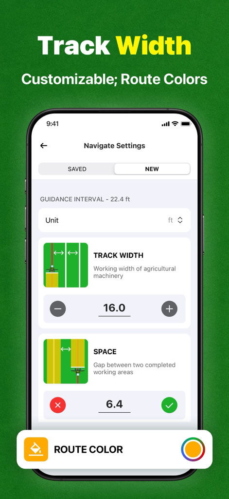 Tractor GPS Field Guidance PRO - Navigation settings screen showing track width and space configuration for tractor guidance.