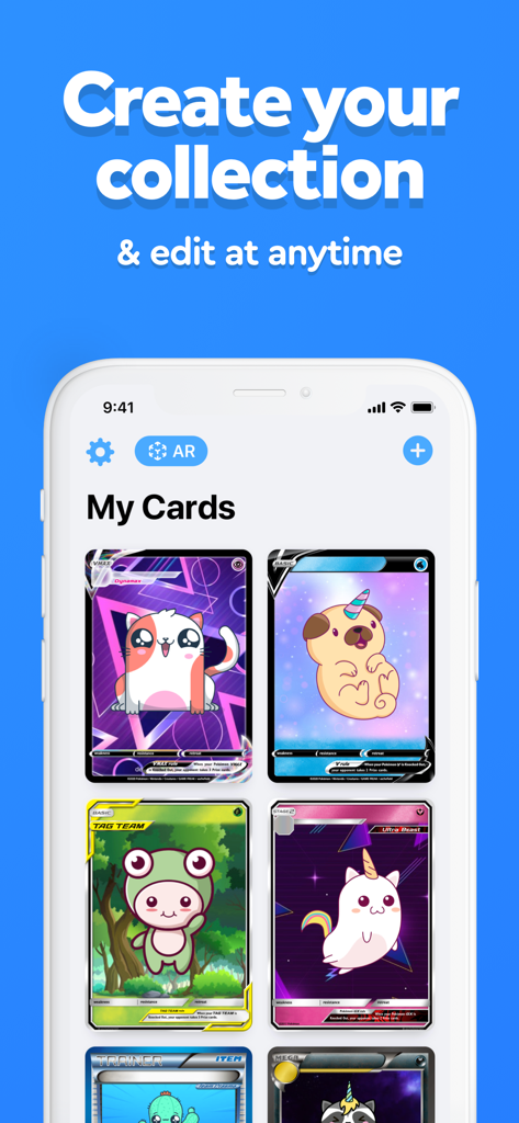 A smartphone screen displaying a collection of custom designed trading cards featuring cute animated characters