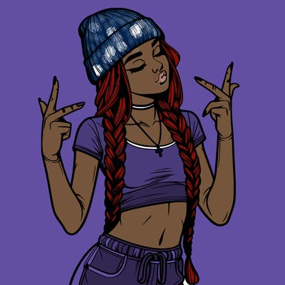 realistic teenage girl with braids and a beanie and crop top doing 🫶🏼