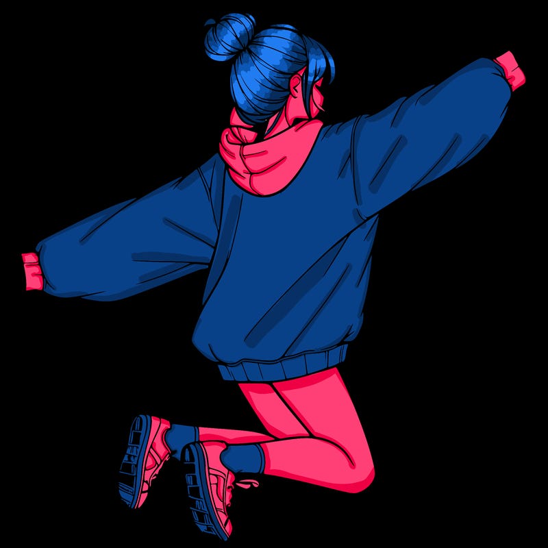 realistic girl jumping with a bun and oversized sweatshirt