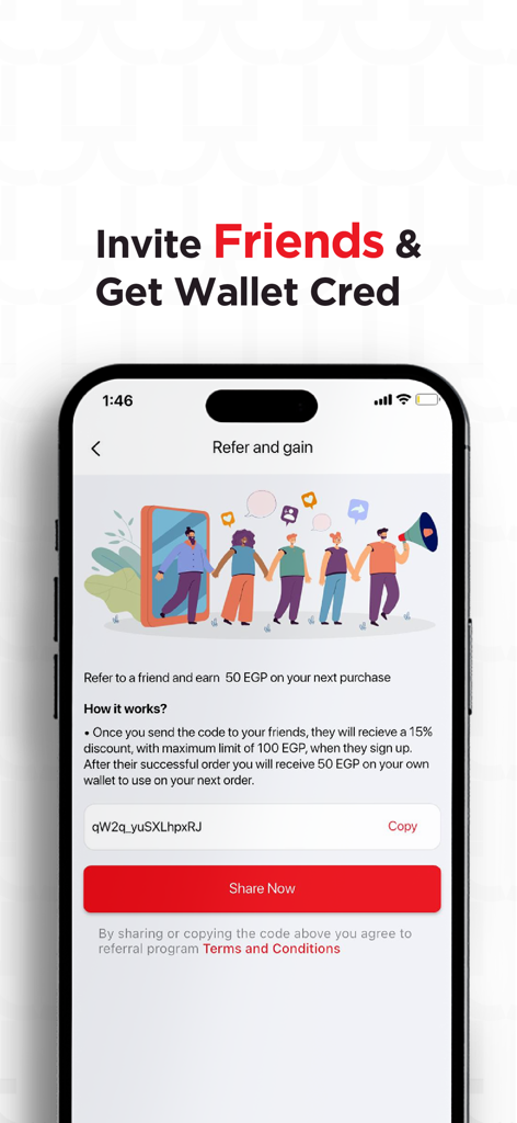 Zumra – Asian Food Delivery - Pantalla del programa de referidos de la aplicación Zumra que muestra la función Invita amigos y gana crédito de billetera