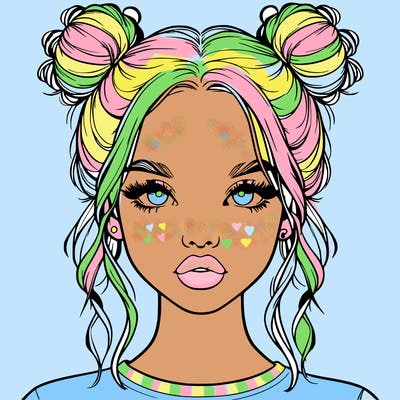 realistic girl with two buns in hair and lips