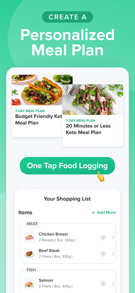 Interface of the Carb Manager app featuring personalized keto meal plans, easy food logging, and an integrated grocery shopping list.