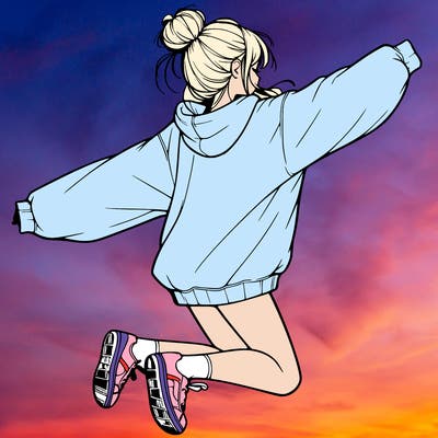 realistic girl jumping with a bun and oversized sweatshirt