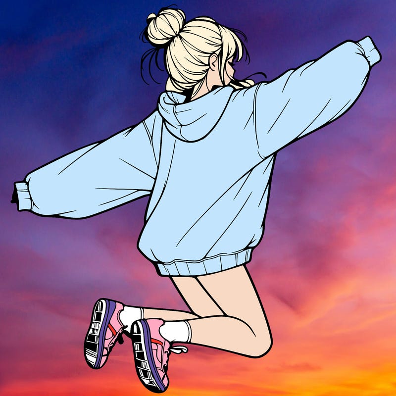 realistic girl jumping with a bun and oversized sweatshirt