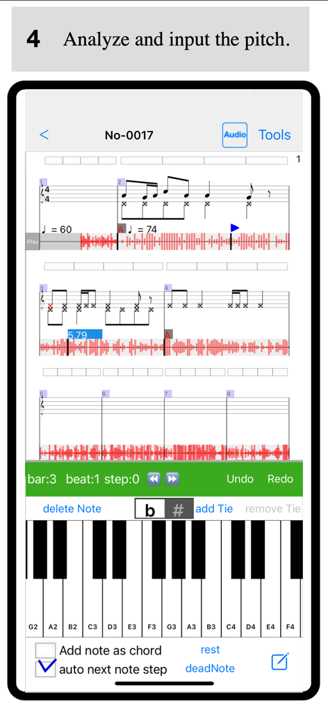 Notate + Play = music notebook - Music transcription app interface with a piano keyboard for pitch input and sheet music with audio waveforms
