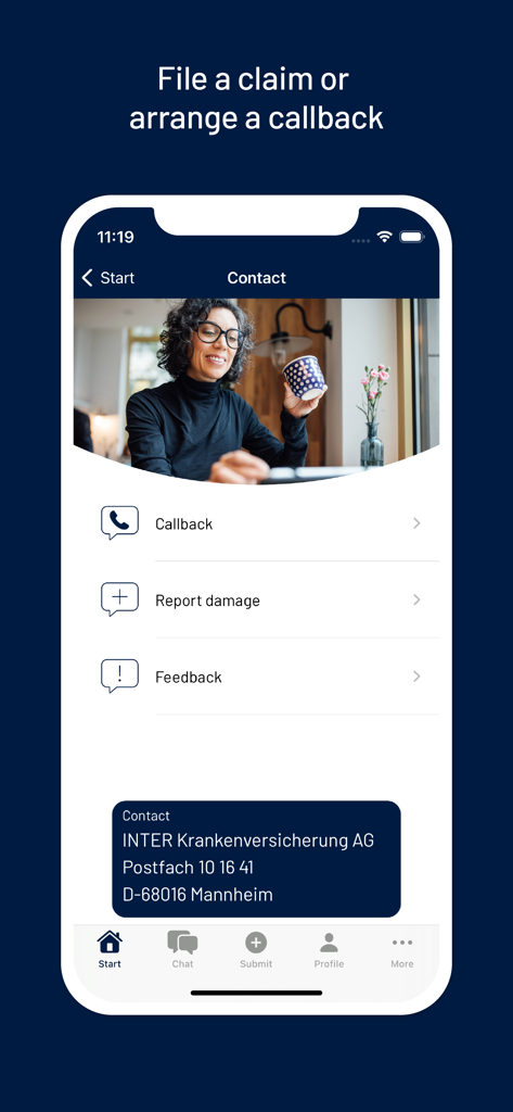 My INTER - Contact screen of the My INTER insurance app showing options for callback and reporting damage