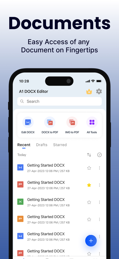 Office Suite-Word, Sheets, PPT - ファイル編集および変換ツールを備えたOffice Suiteアプリのドキュメントダッシュボードを表示するスマートフォン画面