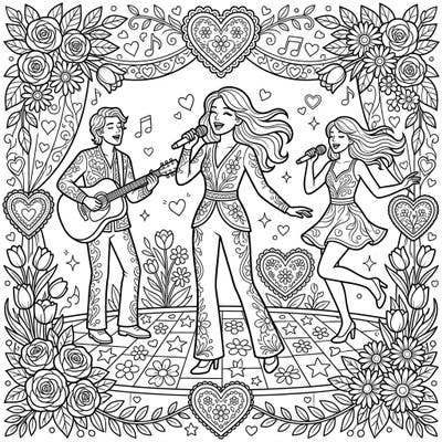 Celebrate Mother's Day with a burst of musical joy! This delightful coloring page features talented pop singers performing amidst a beautiful backdrop of heartfelt floral arrangements, perfect for showing Mom some love.
