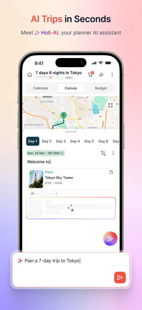 Holicay - Holicay app interface showing Holi-AI assistant generating a seven day Tokyo trip itinerary with map and schedule