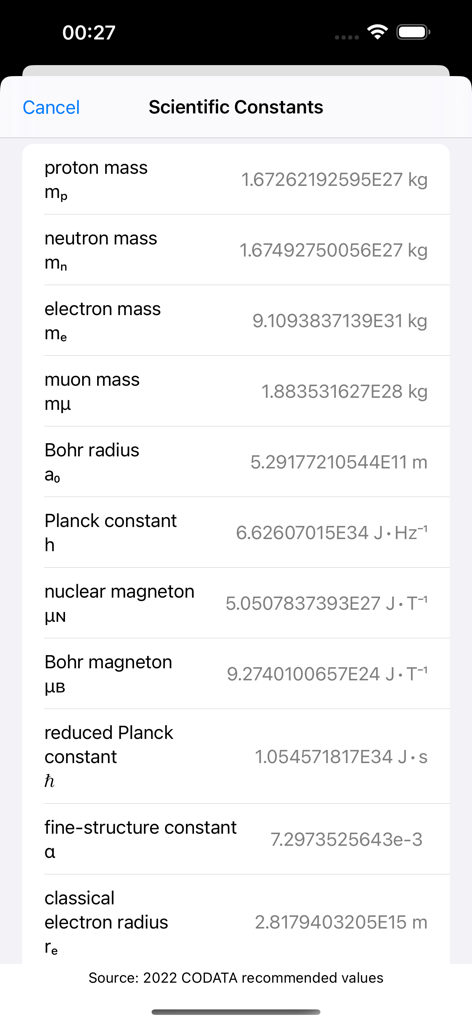Una lista de constantes científicas y sus valores dentro de la aplicación Calculadora