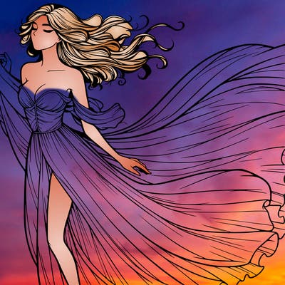 realistic woman in dress flowing the the wind