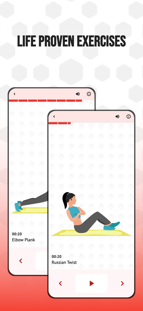 Sixpack-Trainingsplan App-Bildschirme, die Elbow Plank und Russian Twist Übungen anzeigen