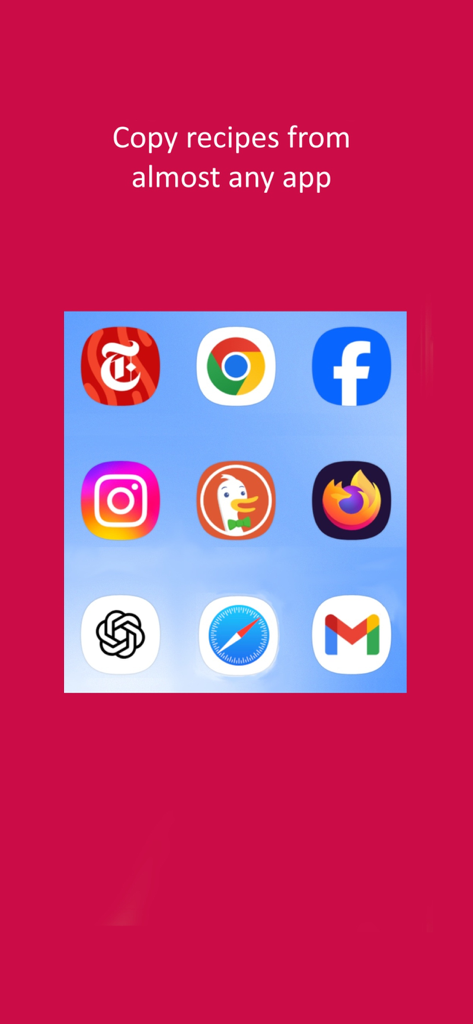 Copy Me That recipe manager - Graphic showing that recipes can be imported into the Copy Me That app from various sources like Instagram, Facebook, and Chrome.