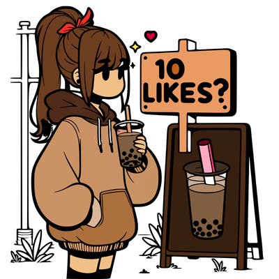 girl with oversized hoodie drinking boba and she has a high ponytail with a sign that says 10likes?