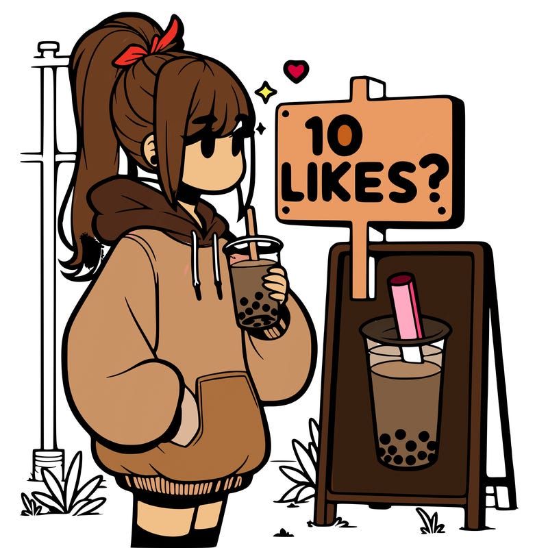 girl with oversized hoodie drinking boba and she has a high ponytail with a sign that says 10likes?