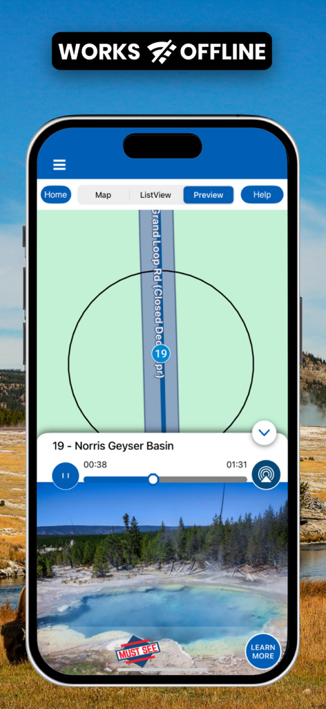Yellowstone Audio Tour Guide interface showing the Norris Geyser Basin map and audio narration