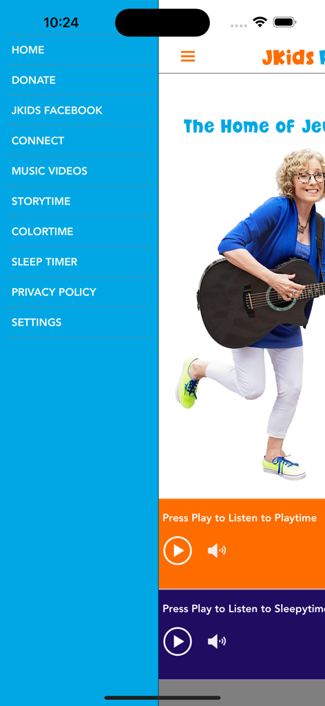 JKids Radio - The JKids Radio app interface showing the side navigation menu and music playback options for children.